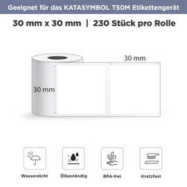 SUPVAN Katasymbol T50M Pro Label Tape Paper, Waterproof Labels for Home, School, Office, 30 mm x 30 mm, 230 Labels/Roll (White)