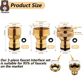 TREABEAR 6pcs Universal Tap Connector in Brass, 1/2 and 3/4 2 in 1 Tap Adapter, Hose Adapter 1/2 Inch Universal Adapter, Tap Hose Adapter for Garden Hose Connection