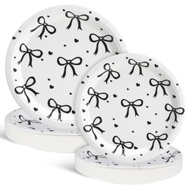 Sieral 60 Pcs Coquette Bow Party Plates 9'' 7'' Black and Pink Bow Paper Plates Birthday Decorations Bridal Shower Bachelorette Decorations for Party Favors(Black)