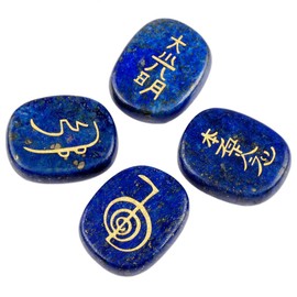 SUNYIK Flat Oval Lapis Lazuli with Engraved Usui Symbols Palm Stone Worry Stones Set of 4