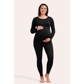 Angelhood Maternity Bodysuit Ribbed Long Sleeve Maternity Workout Romper One Piece Yoga Pregnancy Jumpsuit Shapewear, Small Black