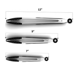 Black Stainless Steel Tongs Heat Resistant Kitchen Tongs Set -7", 9" & 12" Inch, BBQ Tongs with Silicone Tip, Strong Grip for Cooking,Salad Tossing, Air Fryer, & Grill Tongs-Pull Lock, Black -Set of 3