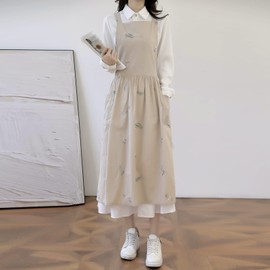 TALIBSA Pinafore Apron Dress，Japanese Cotton Linen Cross Back Apron for Women with Pockets，Cooking Apron,Gardening Apron