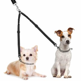 Double Dog Lead Splitter, No Tangle 360° Rotation Dog Leash Coupler for Walking 2 Dogs, Adjustable Shock Absorbing Bungee Reflective Dual Lead (Black, S (for Pets 7-20 LBS))