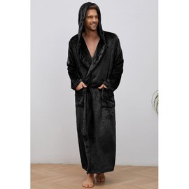 U2SKIIN Mens Hooded Robe, Full Length Plush Robe for Men Big and Tall Fleece Bathrobe(Black,S/M)