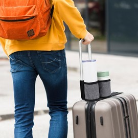 Oruola Travel Cup Holder for Luggage,Luggage Travel Cup Holder with 2 Coffee Mugs Tightening Drawstring, Luggage Cup Holder for Flying & Travelers for Flight Attendants, Business, Travelers Grey