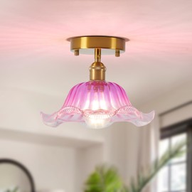 TWIG Vintage Purple Semi Flush Mount Ceiling Light Fixture Overhead,Unique Retro Hallway Light Fixtures Glass Flower Chandelier Ceiling for Bedroom Bathroom Kitchen Porch Art Deco
