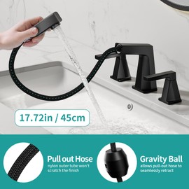 MIAOHUI Pull Out Bathroom Faucets 3 Hole, 8 Inch Widespread Bathroom Sink Faucet, Double Handle Vanity Faucet for Bathroom Sink, Matte Black Sink Faucet Bathroom with Pop-up Drain and Supply Lines