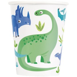 Unique 82215 Paper Cups, 266 ml, Blue & Green Dinosaur Party, Pack of 8, Multicoloured, 9 cm x 7.5 cm / 3.5 in x 3 in