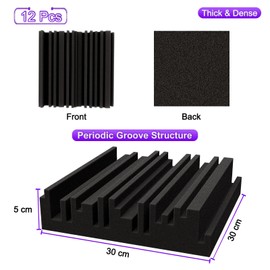 BXI Thick Acoustic Foam Panels, 30 X 30 X 5 cm 12 Pcs Broadband Sound Absorbing Foam, Dense Soundproof Padding Tile, Recording Studio Foam Absorber, Groove Decorative 3D Wall Ceiling Panel