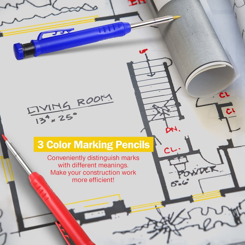 3 Pack Solid Carpenter Pencil with 21 Refill, Long Nosed