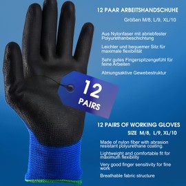 S&R Work Gloves - 12 pairs of BASIC Nylon PU coating Protective Gloves Size L/9 for private and commercial use