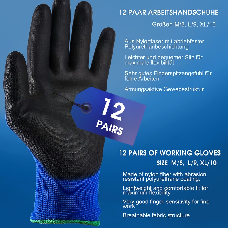 S&R Work Gloves - 12 pairs of BASIC Nylon PU