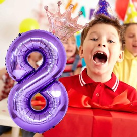 40 Inch Rose Gold Crown Number 8 Balloons, 8th Birthday Balloons for Men Women, Purple 8 Celebration Decor Happy 8th Birthday Party,0-9 Decoration Wedding Anniversary Events Supplies (Purple 8)