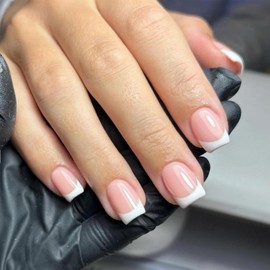 24Pcs Short False Nails Square - Classic French Tip False Nails - Nude Pink Press On Nails French Tip - High Glossy Fake Nails With Glue - Acrylic Stick On french Nails For Women Girls