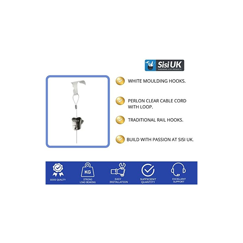White Moulding Hooks for Picture Hanging with Perlon Clear Cable