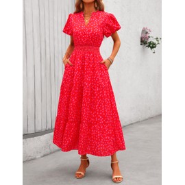 MASCOMODA Summer Maxi Dresses for Women 2025 Casual V Neck Puff Short Sleeve Smocked Flowy Beach Boho Long Floral Dress(Red Flower,Medium)