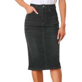 Allegra K Casual Denim Skirt for Women's High Waist Stretchy Midi Jean Skirts Black M