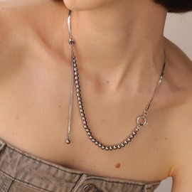 AJIRO ACCESSORY N049 Simple Chain, Surgical Stainless Steel, Lariat, Adjustable Ball, Silver, Stainless Steel, 316L Simple, Women's, Women's, Men's, Gift, Gift, Daily Jewelry, Stainless Steel