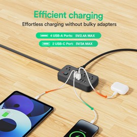 Versatile 14-in-1 Power Outlet with 8 AC Outlets and 6 USB Ports (4A and 2C) - Short Cord, Ideal for Travel, 1080J Surge Protection, Wall Mount, Desktop Charging (Black, 5FT)