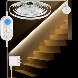 Dual Motion Sensor Light Indoor - Plug-in Motion Activated LED Stair Light Strip Step Light with Double Sensors, Dimmer and Timer for Stairway, Bedroom, Corridor (Warm White 3000K 32.8FT Light Strip)