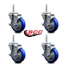 Polyurethane Swivel Threaded Stem Caster Set of 4 w/4" x 1.25" Blue Wheels and 3/4" Stems - Includes 4 with Top Lock Brakes - 1400 lbs Total Capacity - Service Caster Brand