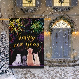 Louise Maelys Happy New Year Garden Flag 28x40 Double Sided Vertical, Burlap Large Fireworks Cat Dog New Year Eve Yard Flag Sign Welcome Holiday Winter House Outdoor Outside Decorations (ONLY FLAG)