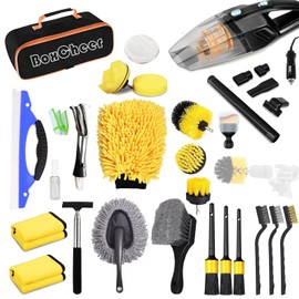 Car Cleaning Kit 32Pcs Yellow, Car Detailing Wash Kit with Car Vacuum Cleaner, Detailing Brush and Drill Brush, Car Accessories for Men & Women, Car Cleaning Supplies for Interior, Exterior