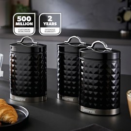 GEEPAS Argyle 3-Piece Tea Coffee Sugar Canisters Set | 1.3L Airtight Durable Carbon Steel Material Lids & Body | Kitchen Storage Canisters Keeps Contents Fresh Aromatic & Flavourful | Black