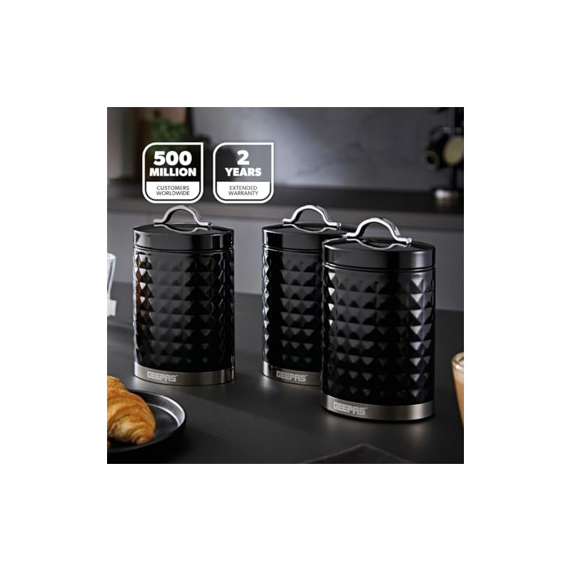 GEEPAS Argyle 3-Piece Tea Coffee Sugar Canisters Set | 1.3L