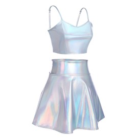 Alien Costume Women's Sexy Metallic Glitter Crop Top + Mini Skirts Rave Outfit