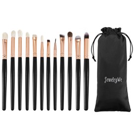 JewelryWe 12 Piece Eye Brush Set Cosmetic Brush Make up Brush Brush Sets with Pouch, White/Black Rose Gold