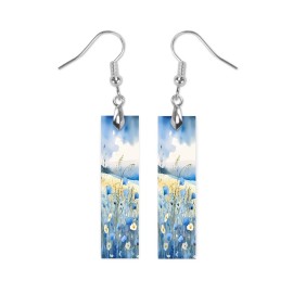 Twisted R Design Earrings, Blue Wildflowers Print Wood Bar Printed Earrings Jewelry