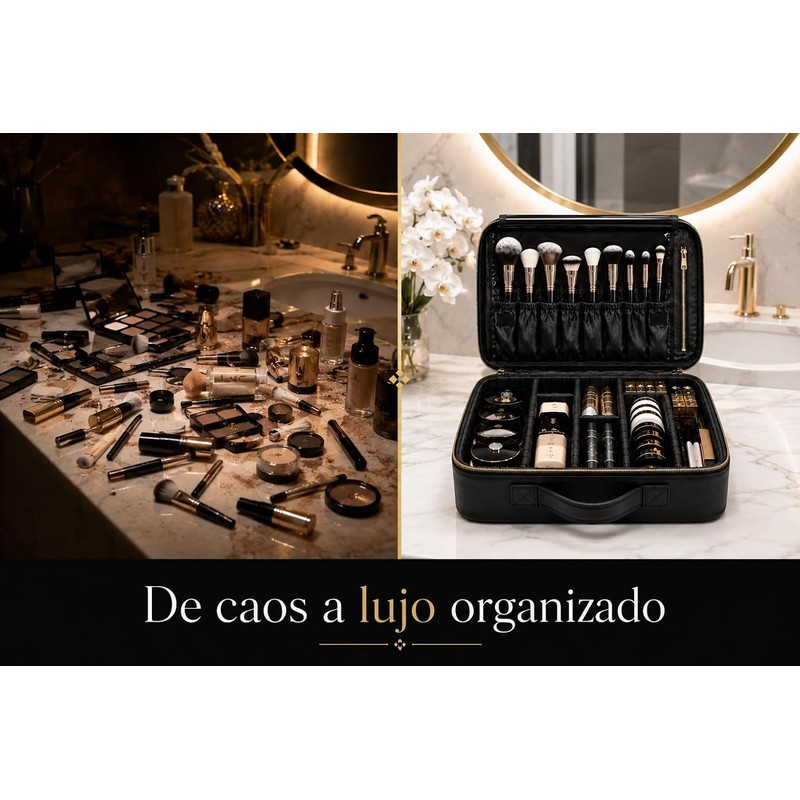 Organizador de Maquillaje Large con Divisores Ajustables, Compartimento para Brochas,