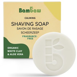 Bambaw | Rasierseife | 70g | Bio-Rasierseife aus weißer Tonerde und Aloe Vera | Naturseife für empfindliche Haut | Vegane Seife ohne Palmöl | Parfümfreie Rasierseife