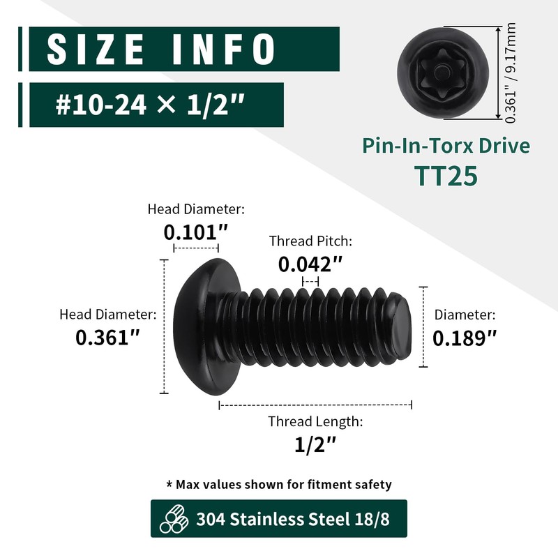 #10-24 x 1/2" Button Head Torx Security Screws, 304 Stainless