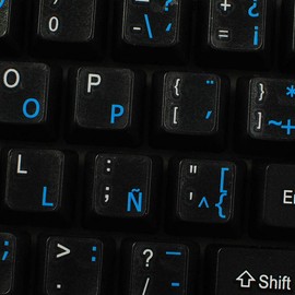 Spanish (Latin American) Keyboard Sticker with Blue Lettering Transparent Background for Desktop, Laptop and Notebook