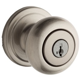 Kwikset Hancock Entry Door Knob with Lock and Key, Secure Keyed Handle Exterior, Front Entrance and Bedroom, Satin Nickel, Pick Resistant SmartKey Rekey Security and Microban