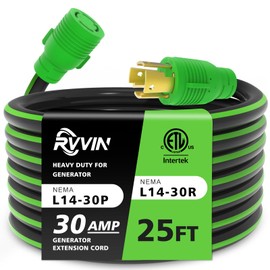 RVVIN 4 Prong 30 Amp Extension Generator Cord 25FT, NEMA L14-30P/L14-30R Standard Plug, 125/250 Volt Up to 7500 Watts, Twist Lock Power Cord for Manual Transfer Switch (Black&Green)