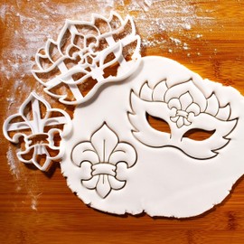 BAKERLOGY Set of 2 Carnival Theme Cookie Cutters (Designs: Fleur de lis and Mardi Gras Mask)