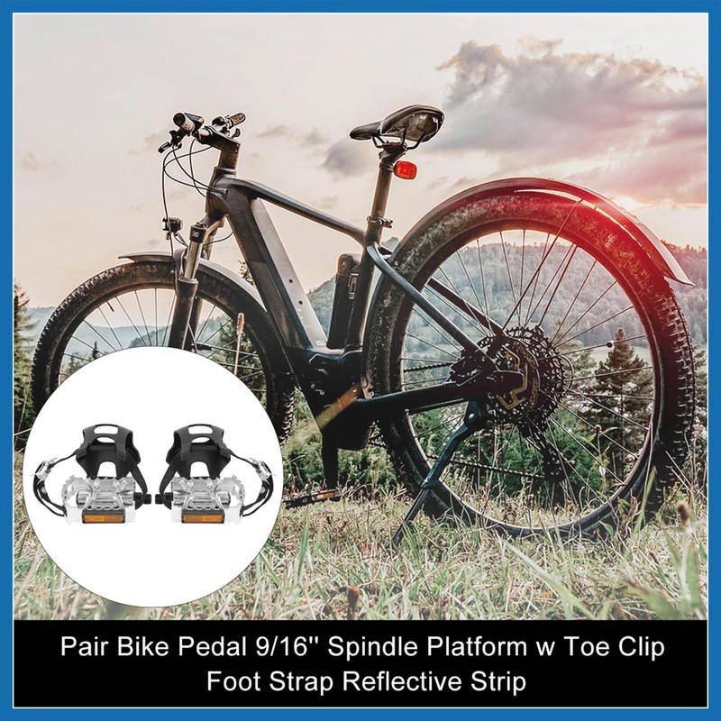 A ABSOPRO Pair Bicycle Pedals with Toe Clip Foot Strap