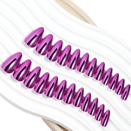 Almond Press on Nails Medium Chrome Purple Fake Nails Shiny Glossy Acrylic Nails Salon Quality False Nails Glazed Glue on Nails Stick on Nails for Women 24 Pcs