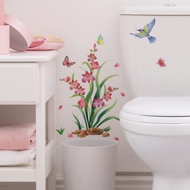 Orchid Flower Wall Sticker Green Leaf Plant Toilet Wall Sticker Fashionable Art Cute Sticker Wall Sticker Decoration Bathroom Toilet Sticker Sticker PVC Waterproof Removable Room Decor