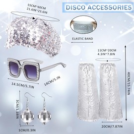 FOUNSHO 4 Pieces 70s Disco Fancy Dress Accessories For Women, Disco Costume Glitter Sequin Beret Hat Ball Earrings Square Bling Disco Glasses Leg Warmers, 80s Accessories for Women Costume (Silver)