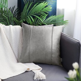 BRAWARM Gray Leather Throw Pillow Covers 16 X 16 Inches - Faux Leather Pillow Cover with Piping, Hand Stitched Leather Throw Pillow for Couch Sofa Bed Living Room Home Decorative