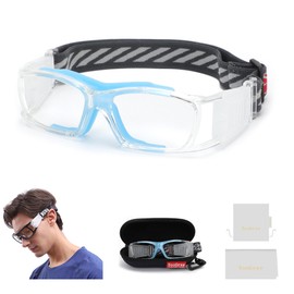 SooGree Racquetball Goggles - Sports Glasses Basketball Football Protective Eyewear Anti Fog Shock Absorption with Adjustable Strap (G8015 Transparent frame blue pads)