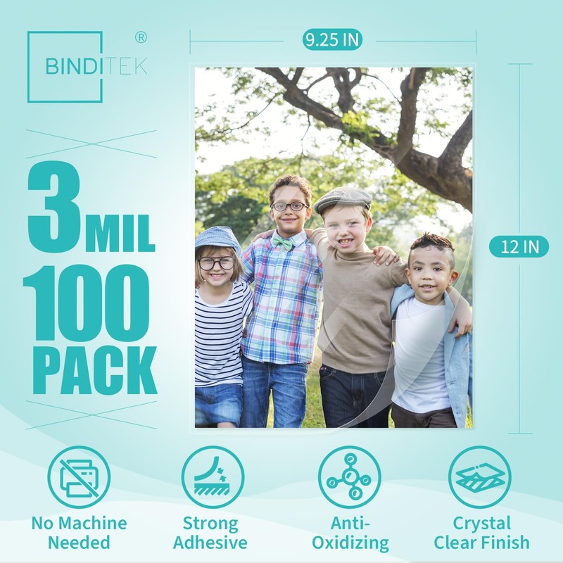 Binditek 100 Pack Self-Adhesive Laminating Sheets, 9.25 x 12 Inches