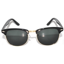 Stylish Retro Half Frame Sunglasses Black Gold Metal Frame Green Lens