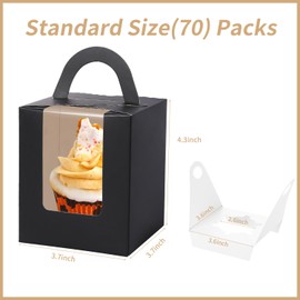 JCD 70Pcs Black Portable Cupcake Boxes Individual with Handle,Individual Cupcake Carrier with window and Insert Muffins Cupcake Carriers Holder Cookie, Dessert, Donuts, Cupcakes(Black/70Pcs)
