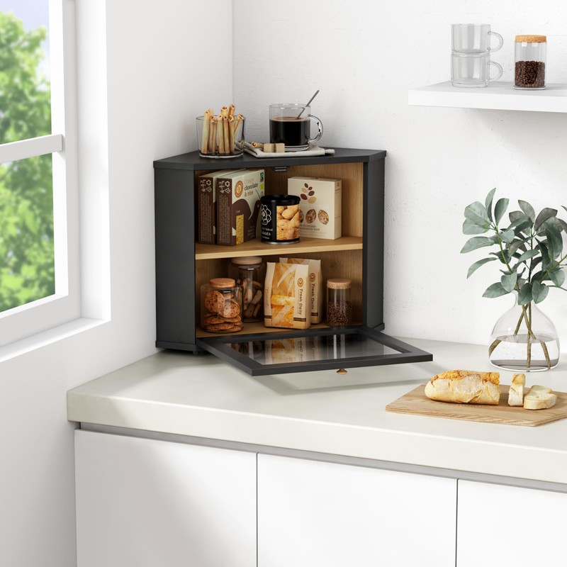 Goozii Corner Bread Box for Kitchen Countertop, Black Bread Storage
